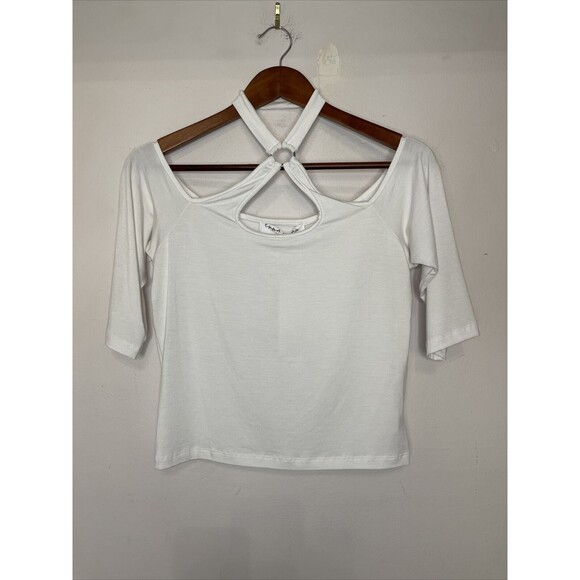 LF Emma & Sam Cropped white Tee front criss cross 3/4 sleeve y2k style NWT L - Picture 1 of 11